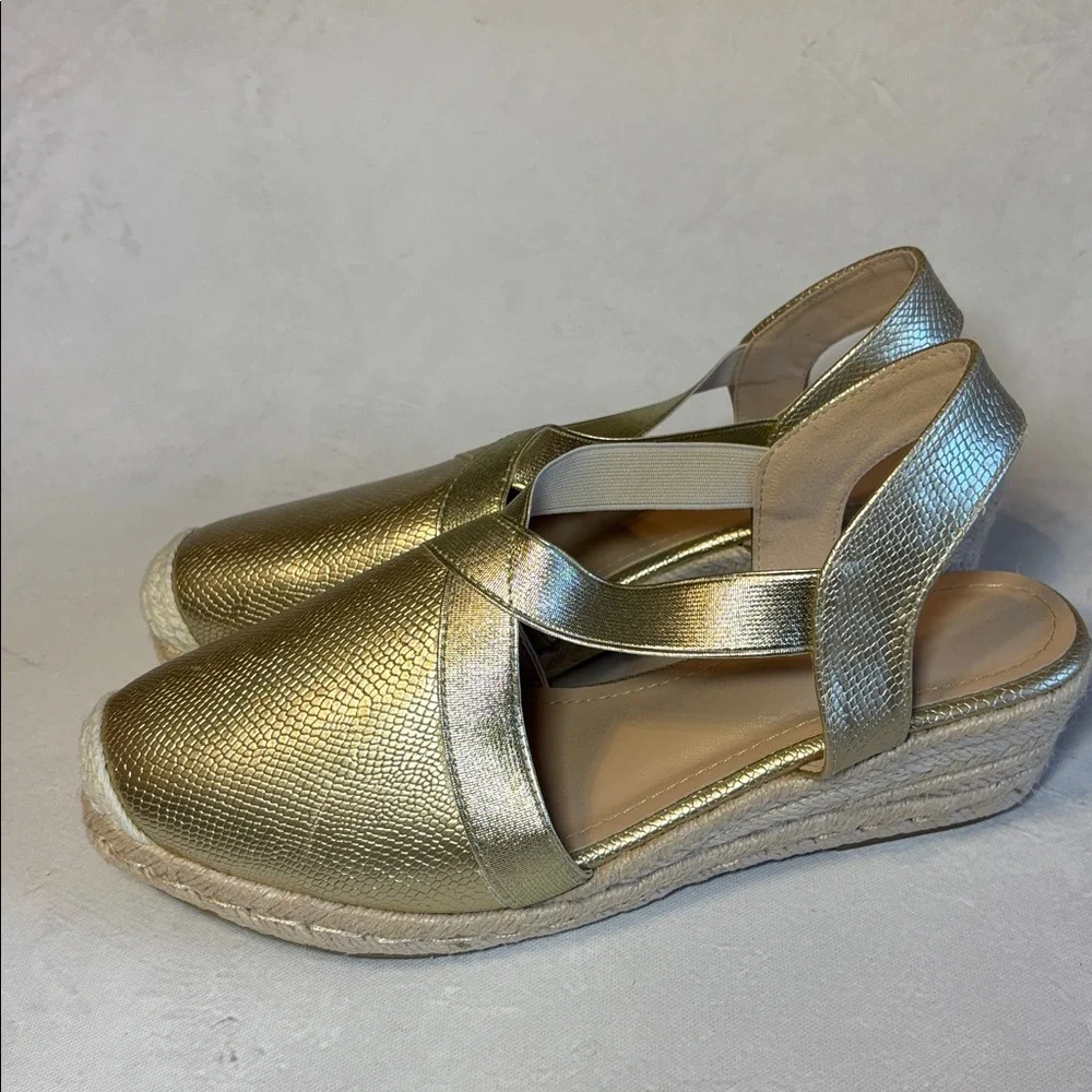 Elegant Gold Women's Slingback Espadrilles, elastic strap, 2” wedge, size 41, 10